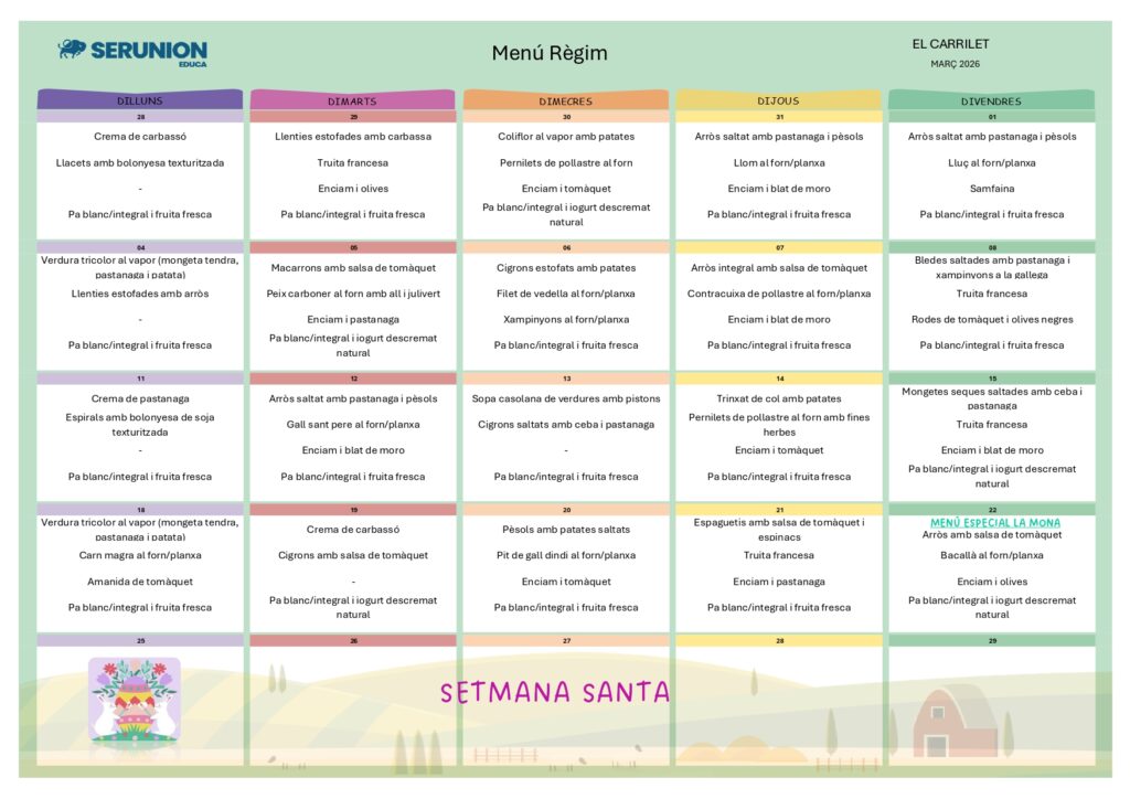 Menú Carrilet règim Març 2026