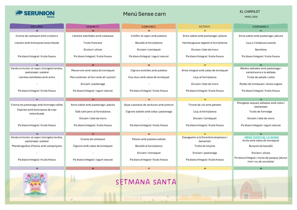 Menú sense carn. Març 2026