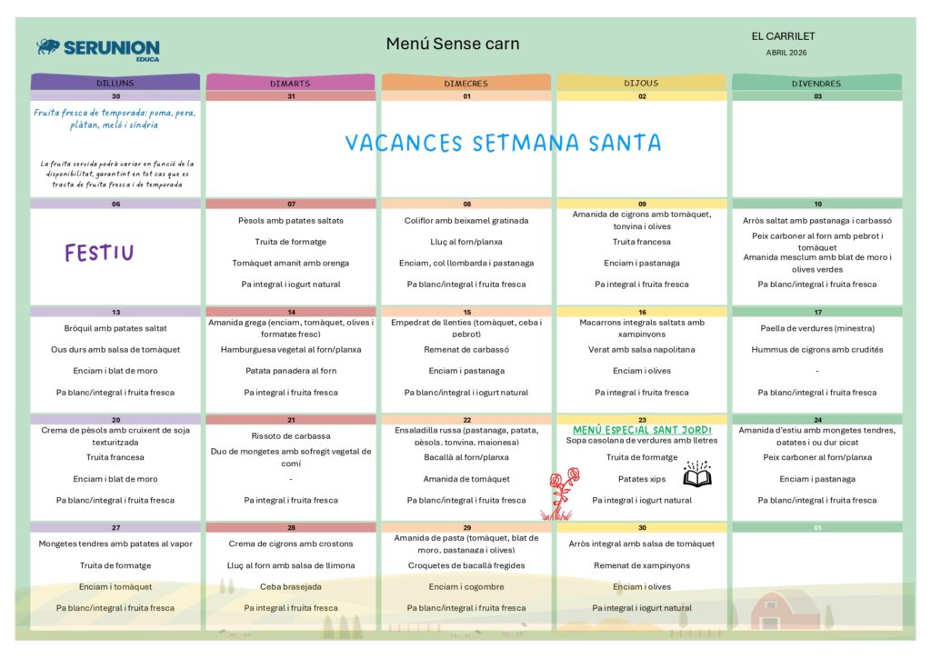 Menú sin carne Abril 2026